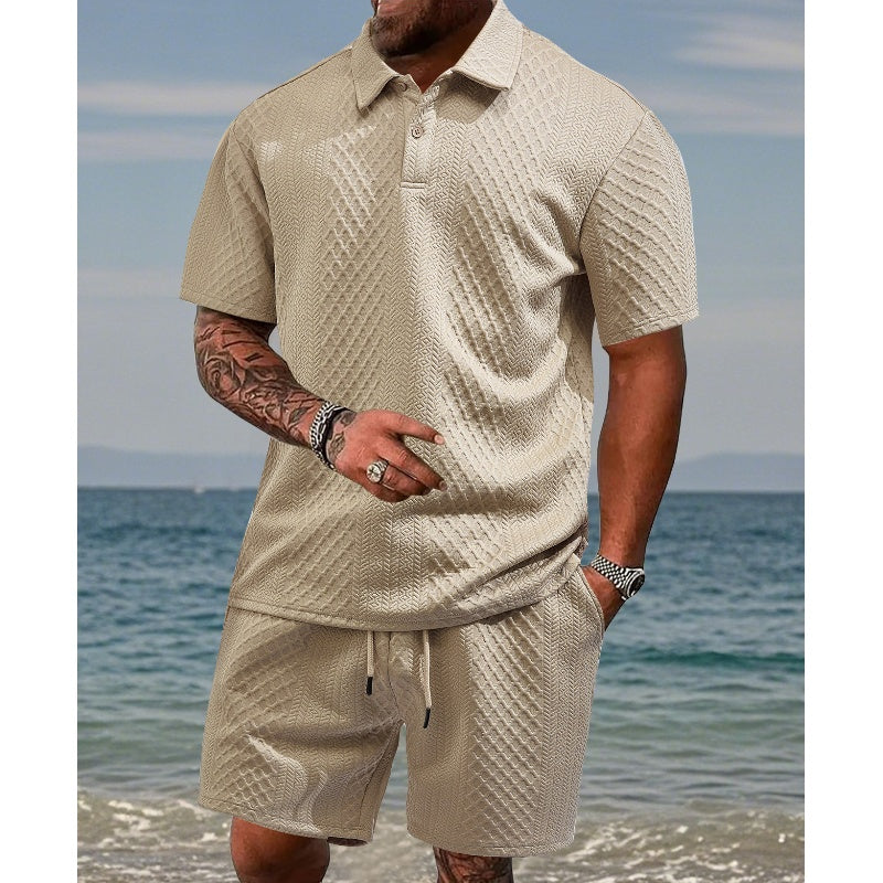 Men’s Diamond Pattern Turn-Down Collar Short Sleeve Top & Drawstring Shorts 2-Piece Set-1