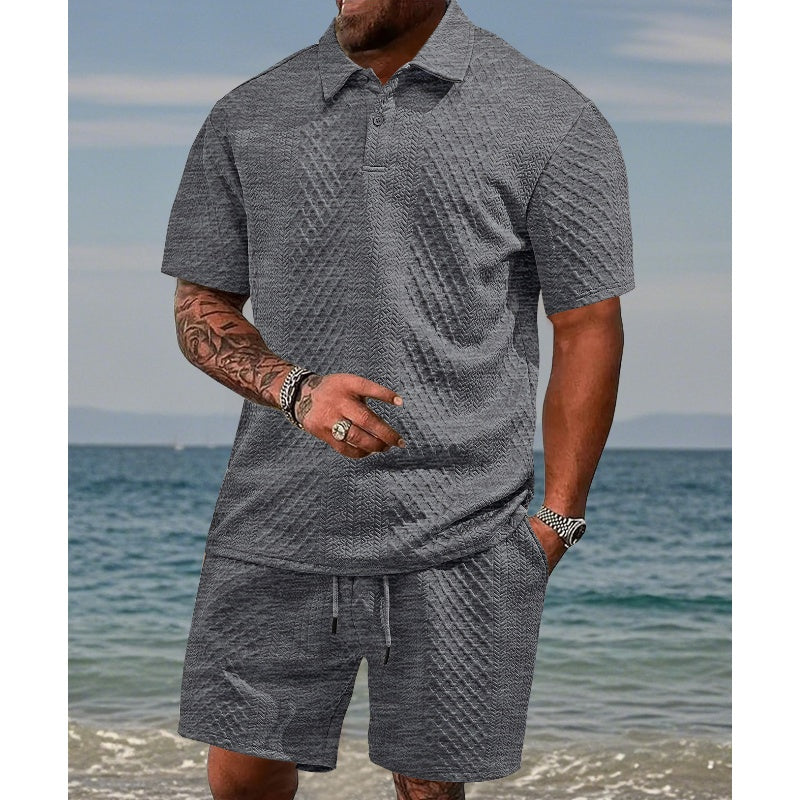 Men’s Diamond Pattern Turn-Down Collar Short Sleeve Top & Drawstring Shorts 2-Piece Set-2