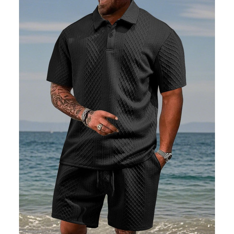 Men’s Diamond Pattern Turn-Down Collar Short Sleeve Top & Drawstring Shorts 2-Piece Set-5