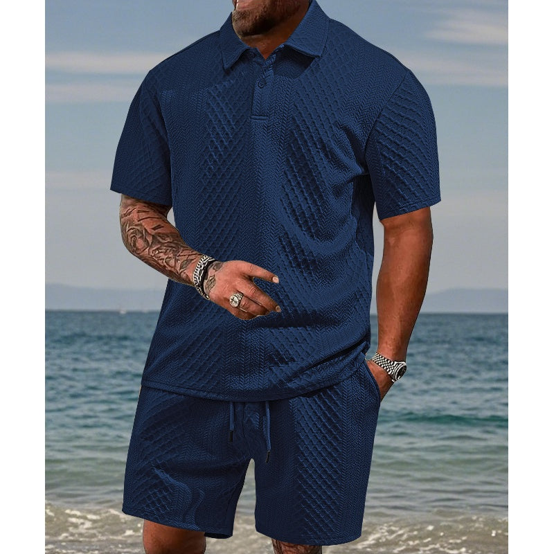 Men’s Diamond Pattern Turn-Down Collar Short Sleeve Top & Drawstring Shorts 2-Piece Set-4