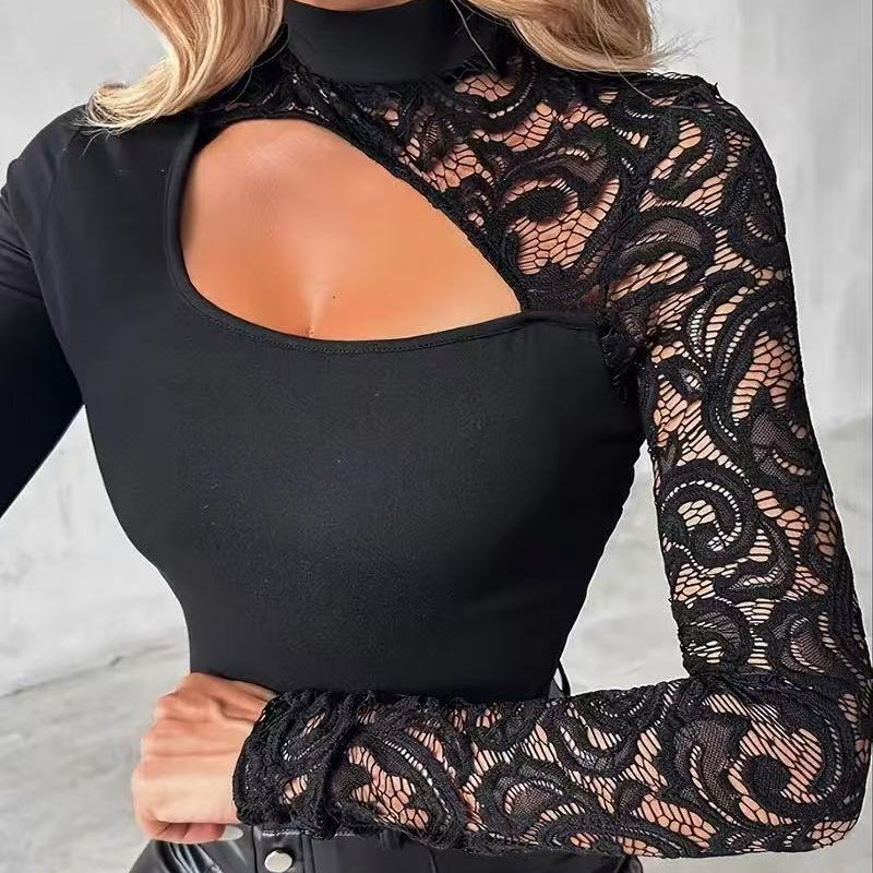 Women's Asymmetrical Cutout Lace Sleeve Top-6