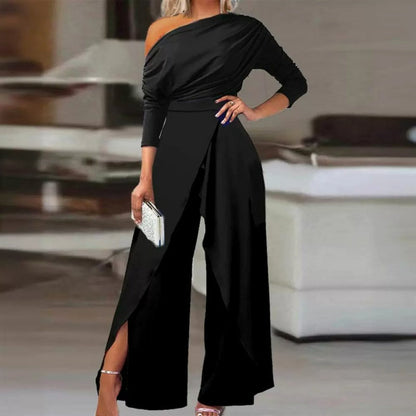💎 Eleganter einteiliger Overall mit einer Schulter für Damen – Fließende weite Beine, Wickelrock-Detail & hochwertiger atmungsaktiver Stoff
