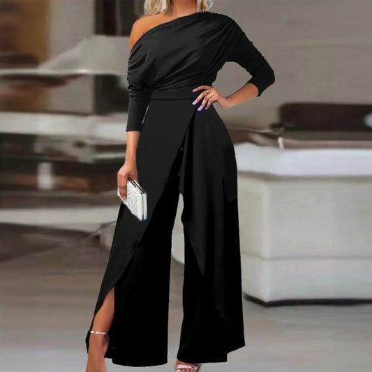 💎 Eleganter einteiliger Overall mit einer Schulter für Damen – Fließende weite Beine, Wickelrock-Detail & hochwertiger atmungsaktiver Stoff