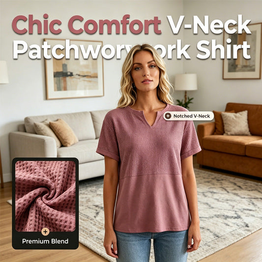 ☀️ Women's Casual V-neck Patchwork Short-Sleeved Shirt-，A Must-Have Top For Easy Everyday Looks