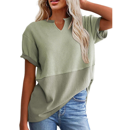 ☀️ Women's Casual V-neck Patchwork Short-Sleeved Shirt-，A Must-Have Top For Easy Everyday Looks