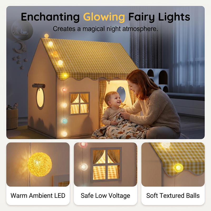 🏰 LIMITED-TIME DISCOUNT!! ✨ Dream Play Tent for Kids – Fairy Lights, Roomy Interior, Gingham Style 🌟-5
