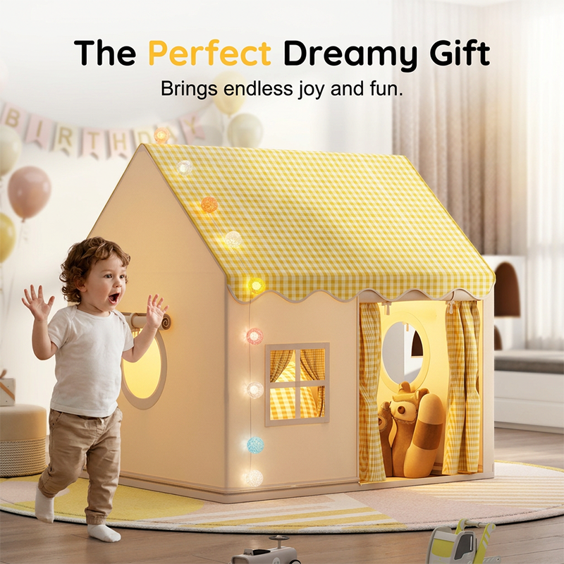 🏰 LIMITED-TIME DISCOUNT!! ✨ Dream Play Tent for Kids – Fairy Lights, Roomy Interior, Gingham Style 🌟-7