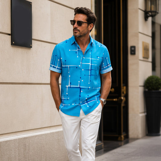 ☀️👔 LIMITED-TIME  ! Men’s Geometric Print Relaxed-Fit Button-Down Shirt – Soft Summer Feel, Roomy Comfort & Vacation-Ready Style ✨