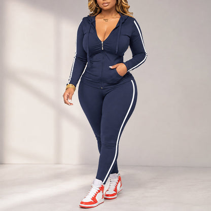 💕 Sporty Everyday Comfort 🧥 Women's Striped Zip-Up Hoodie & Pants 2-Piece Set