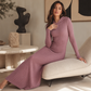 🧶 Textured Comfort 💎 Women's Ribbed-Knit Hooded Maxi Dress with Pockets