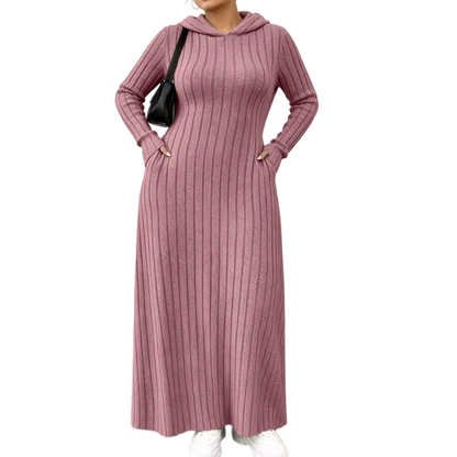 🧶 Textured Comfort 💎 Women's Ribbed-Knit Hooded Maxi Dress with Pockets