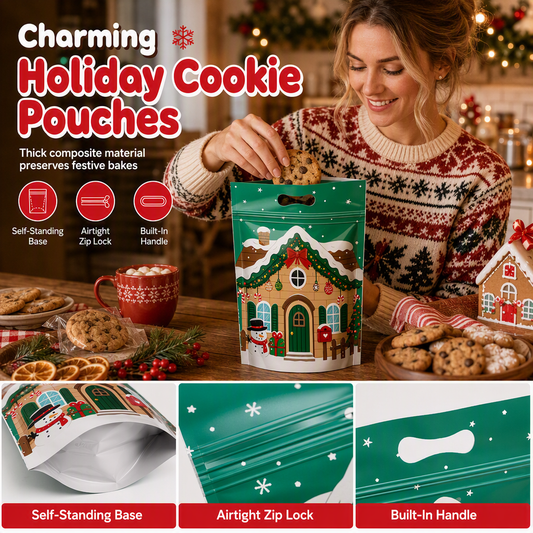 🎅 ⏰50 Pack Christmas Candy Bags Cartoon Stand Up Zipper Pouches for Snowflake Crisp Cookie and Baking Food Packaging❄️