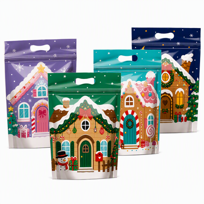 🎅 ⏰50 Pack Christmas Candy Bags Cartoon Stand Up Zipper Pouches for Snowflake Crisp Cookie and Baking Food Packaging❄️
