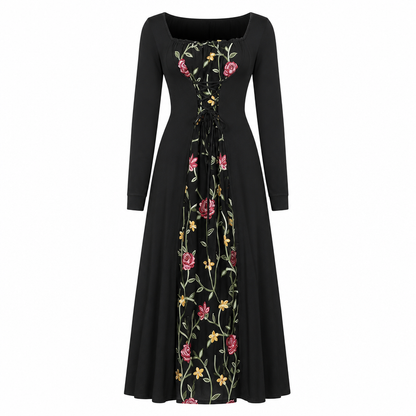 🌹 Women's Square Neck Lace Up Corset Maxi Dress with Floral Embroidered Mesh Panel