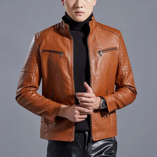 Men’s Stand Collar Biker Leather Jacket（Free Shipping）